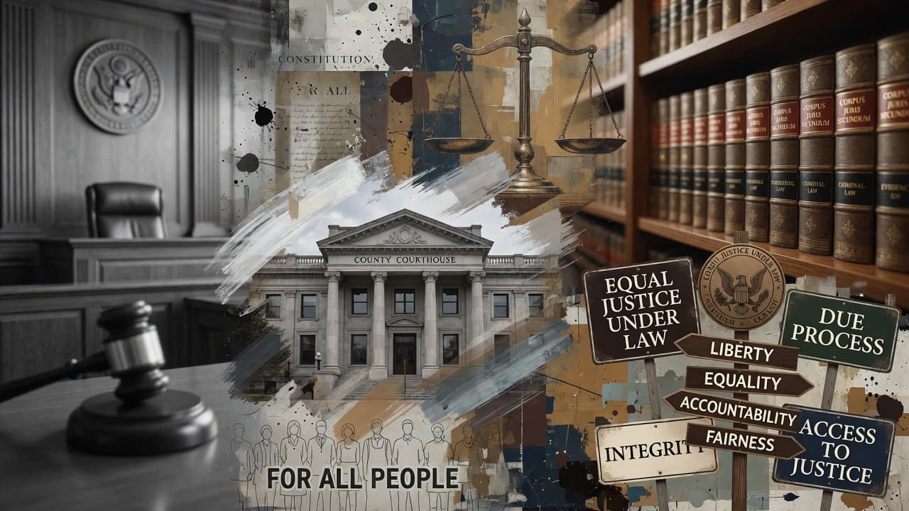 A collage of justice symbols — scales, a county courthouse, and the words Equal Justice Under Law